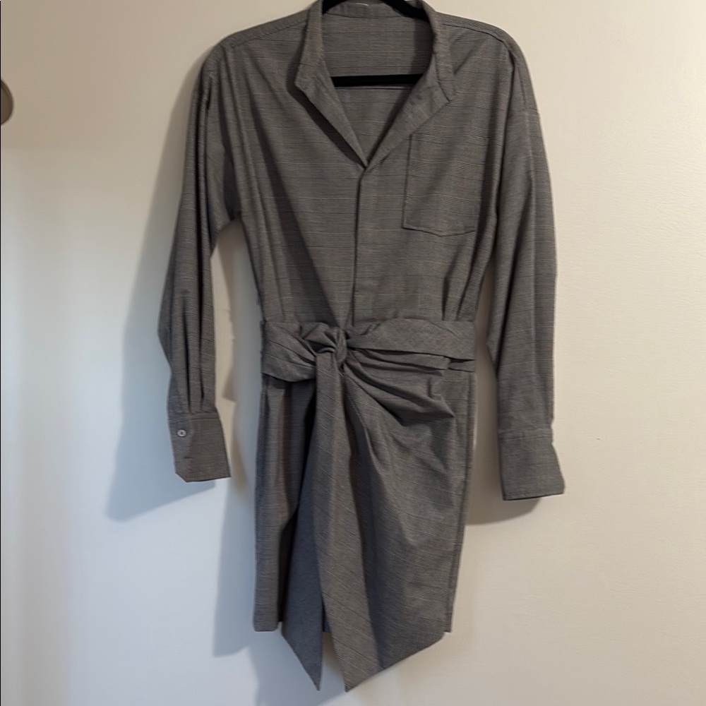 Gray Long-Sleeve Shirt Dress with Tie Waist